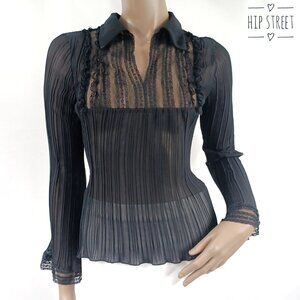 DMBM LS Crush Chiffon & Mesh Lace Bib Collar Blouse Top S